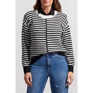 Tribal Brand Womens Crew Neck Stripe Block Black White Sweater Size Small